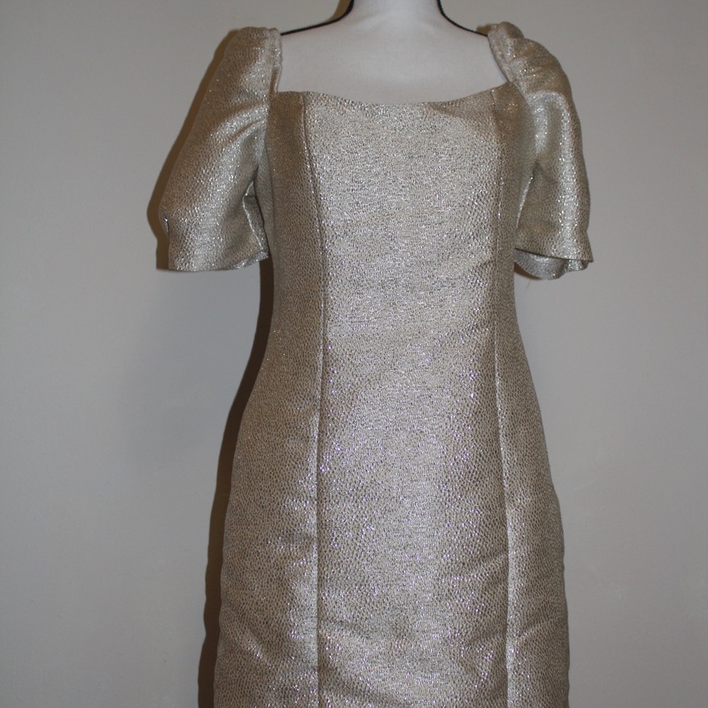 Gold puff sleeve formal cocktail dress